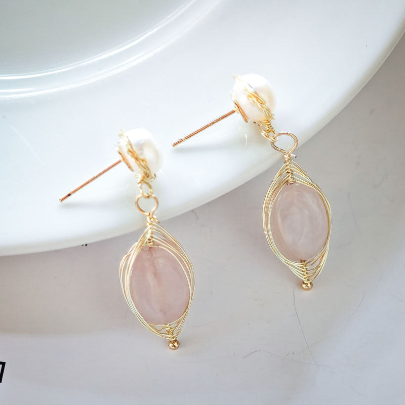 S4639E1 Pearl Pure Rose Quartz Earrings Stud Ear Accessories fine handmade gifts