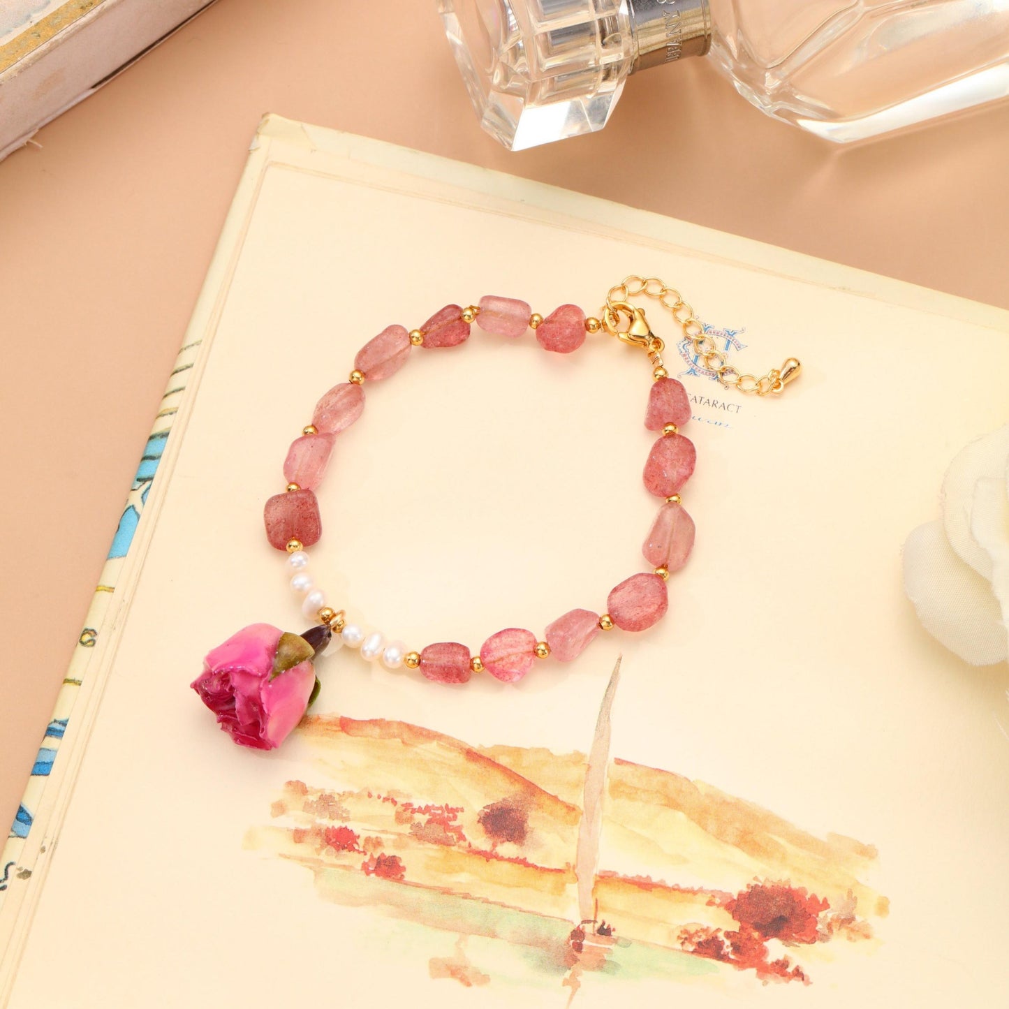 S2348C1 Bangle Hand Chain Bracelet Poem and Roses (Pink)