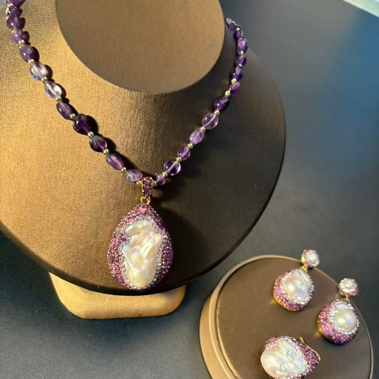 S1983S1 Amethyst pearl Necklace Earrings Ring Set