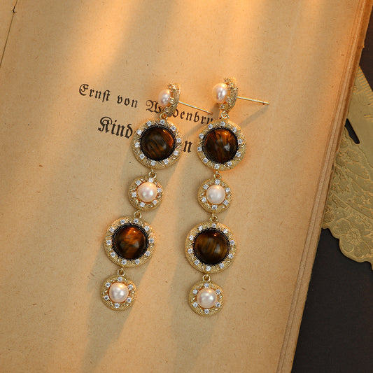 S4914E1 Tiger's Eye pearl Long  earrings Stud Ear Accessories fine handmade gifts