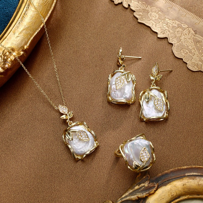 S1939S1 Pearl Ring Earring Sweater Chain Long Necklace Set fine handmade gifts