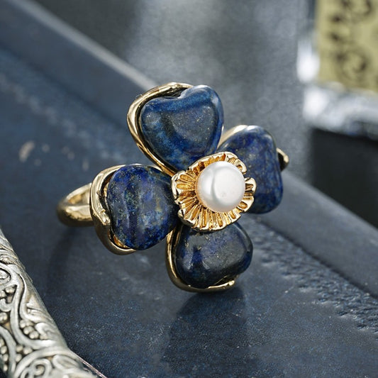 S2129R1 Lapis Lazuli Pearl adjustable one-size-fits-all Engagement Ring fine handmade gifts