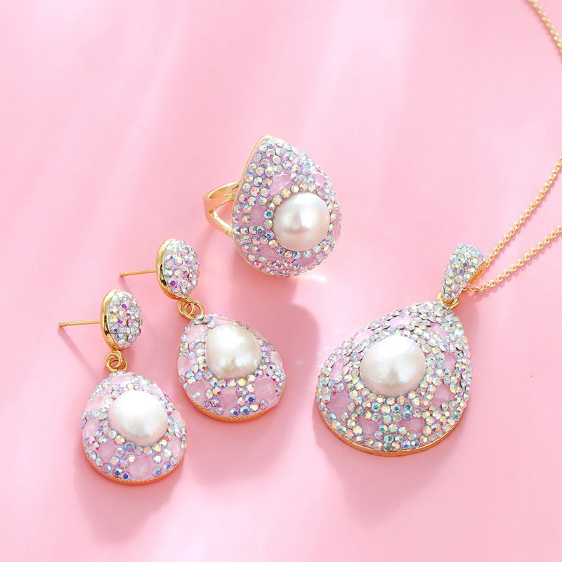 S4743E1 Pearl Pure Rose Quartz Earrings adjustable Engagement Rings Long Necklace Set fine handmade gifts