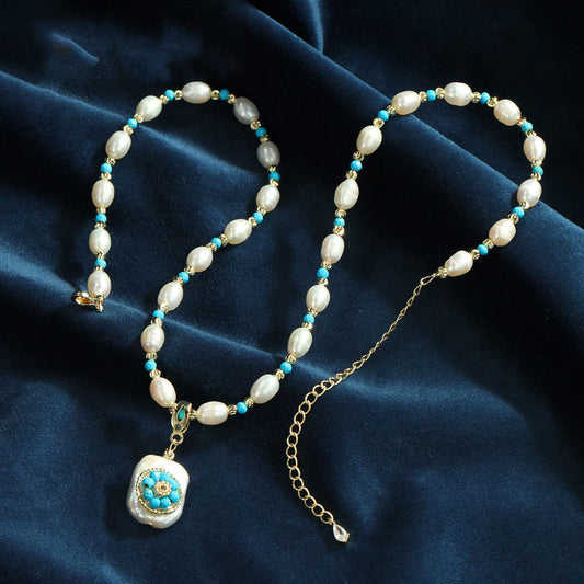 S2603N1 Pearl Pure White Turquoise Sweater Chain Long Necklace Choker simple elegant fine handmade gifts