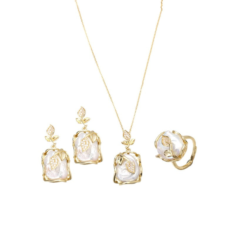 S1939S1 Pearl Ring Earring Sweater Chain Long Necklace Set fine handmade gifts