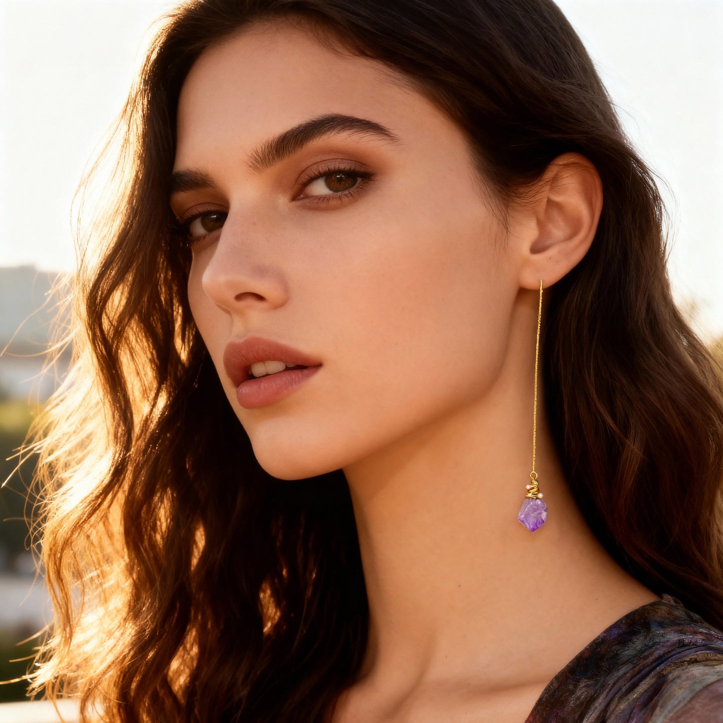 S4527E1 Pearl Pure Amethyst Long  Earrings Stud Ear Accessories fine handmade gifts