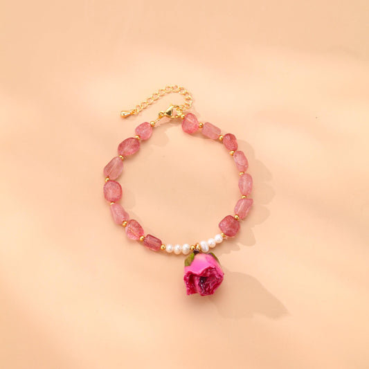S2348C1   Bangle Hand Chain Bracelet Poem and Roses (Pink)