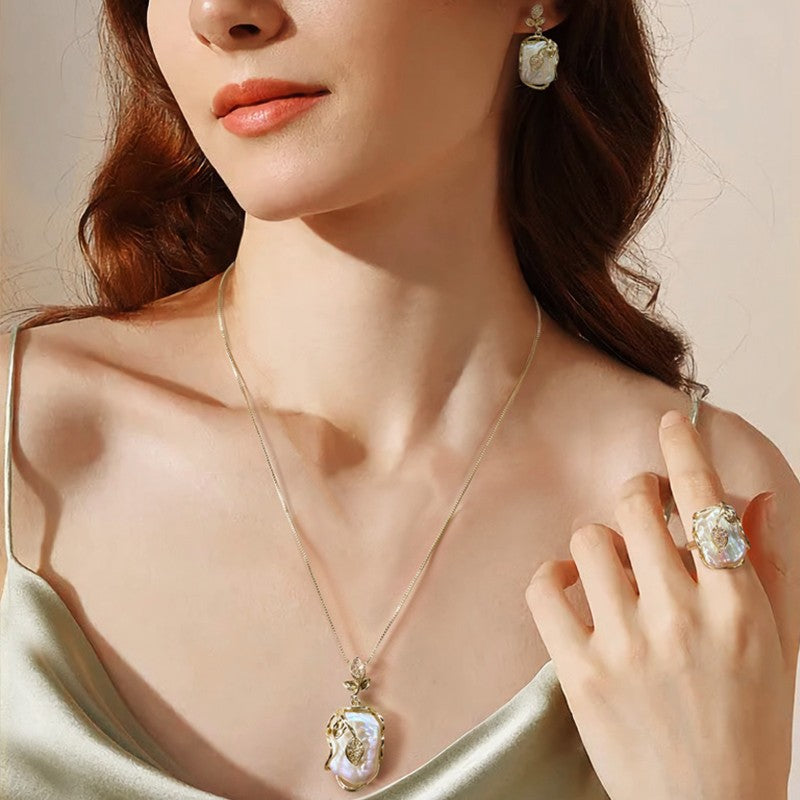 S1939S1 Pearl Ring Earring Sweater Chain Long Necklace Set fine handmade gifts