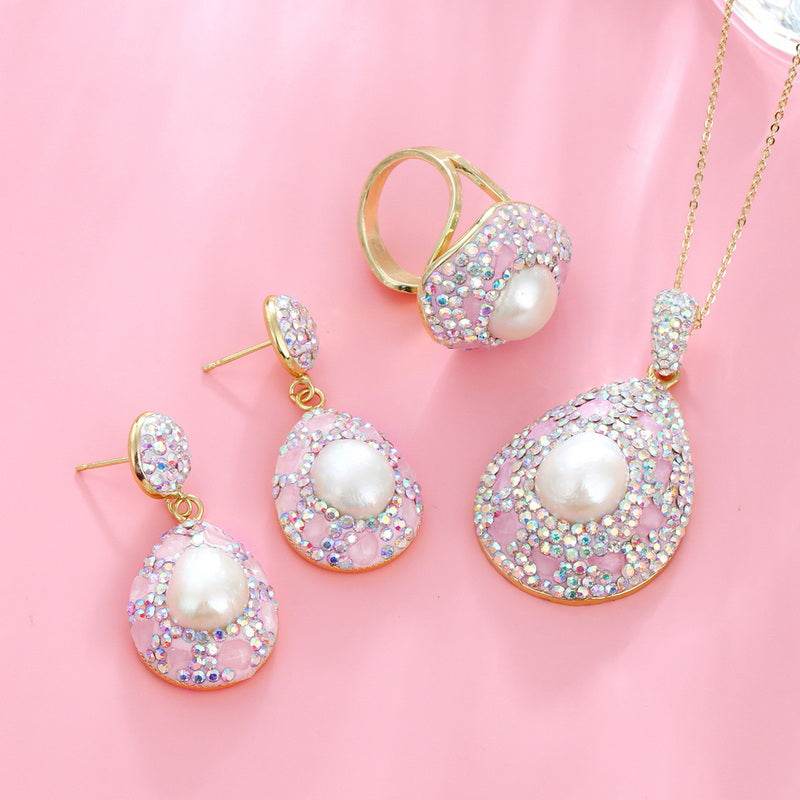 S4743E1 Pearl Pure Rose Quartz Earrings adjustable Engagement Rings Long Necklace Set fine handmade gifts