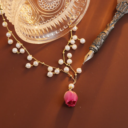 S2370N1 Pearl Flower Rose Long Necklace Choker necklace fine handmade gifts
