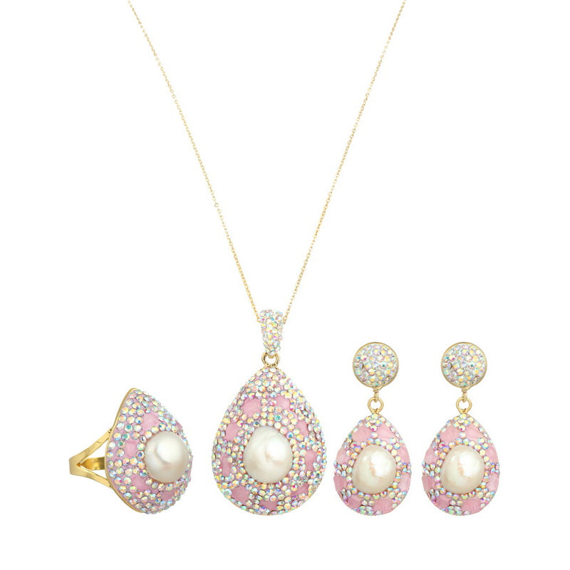 S4743E1 Pearl Pure Rose Quartz Earrings adjustable Engagement Rings Long Necklace Set fine handmade gifts
