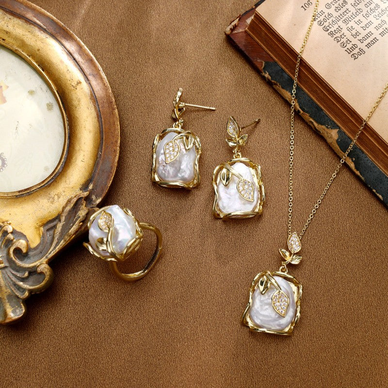 S1939S1 Pearl Ring Earring Sweater Chain Long Necklace Set fine handmade gifts