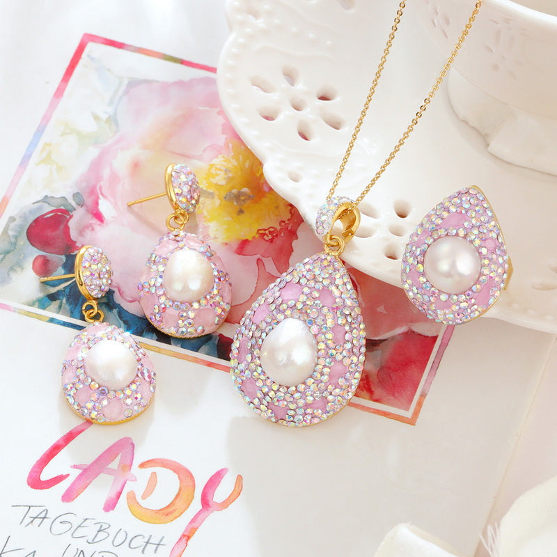 S4743E1 Pearl Pure Rose Quartz Earrings adjustable Engagement Rings Long Necklace Set fine handmade gifts