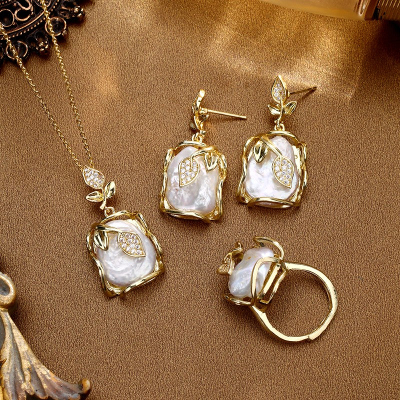 S1939S1 Pearl Ring Earring Sweater Chain Long Necklace Set fine handmade gifts