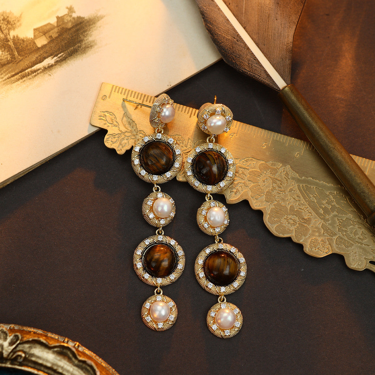 S4914E1 Tiger's Eye pearl Long  earrings Stud Ear Accessories fine handmade gifts
