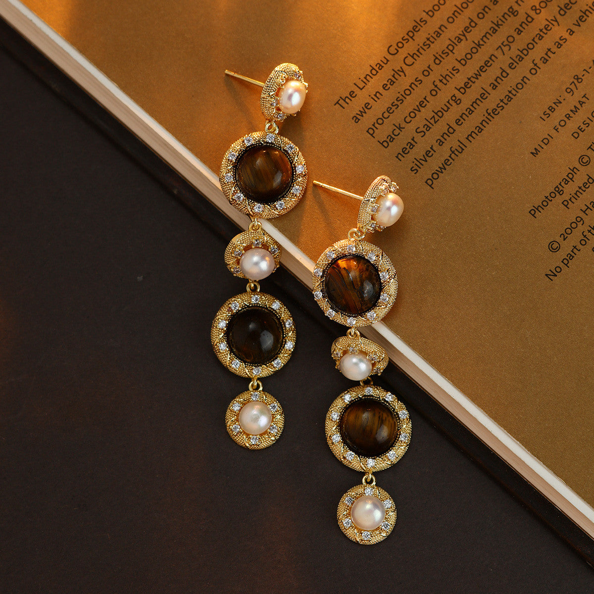 S4914E1 Tiger's Eye pearl Long  earrings Stud Ear Accessories fine handmade gifts
