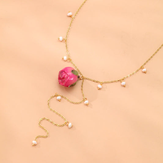 S2922N2 Sweater Chain Long Necklace Choker Poem and Roses (Pink)