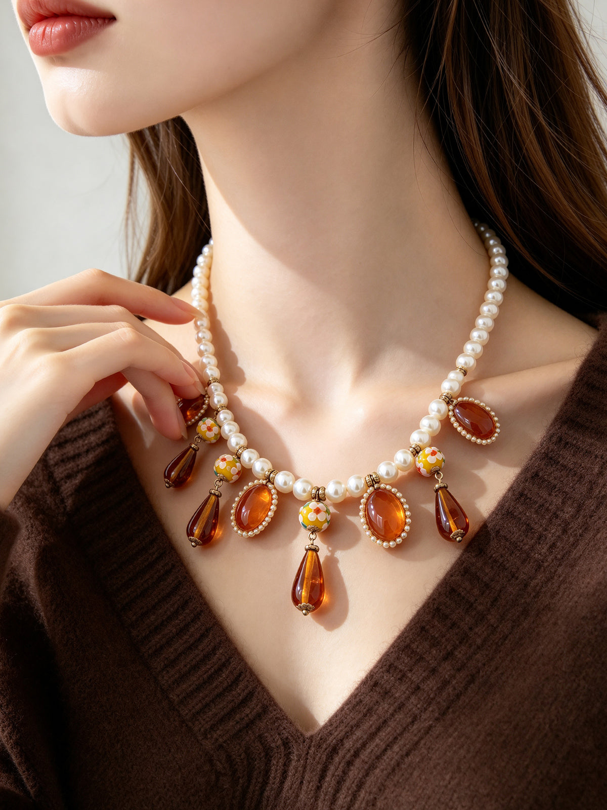 S3044N1 Amber Drop Pearl necklace