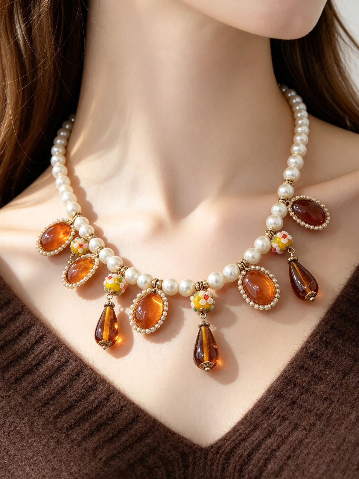 S3044N1 Amber Drop Pearl necklace