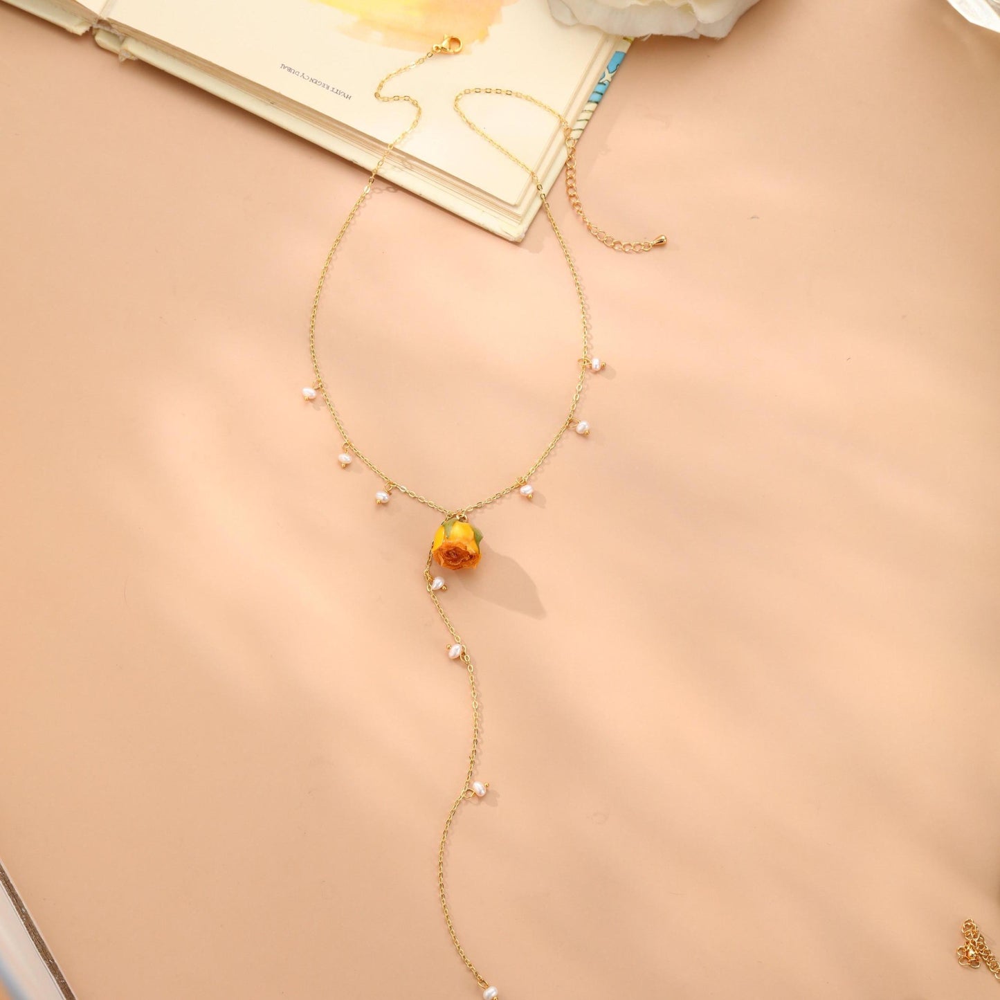 S2922N1 Sweater Chain Long Necklace Choker Poem and Roses (Yellow)