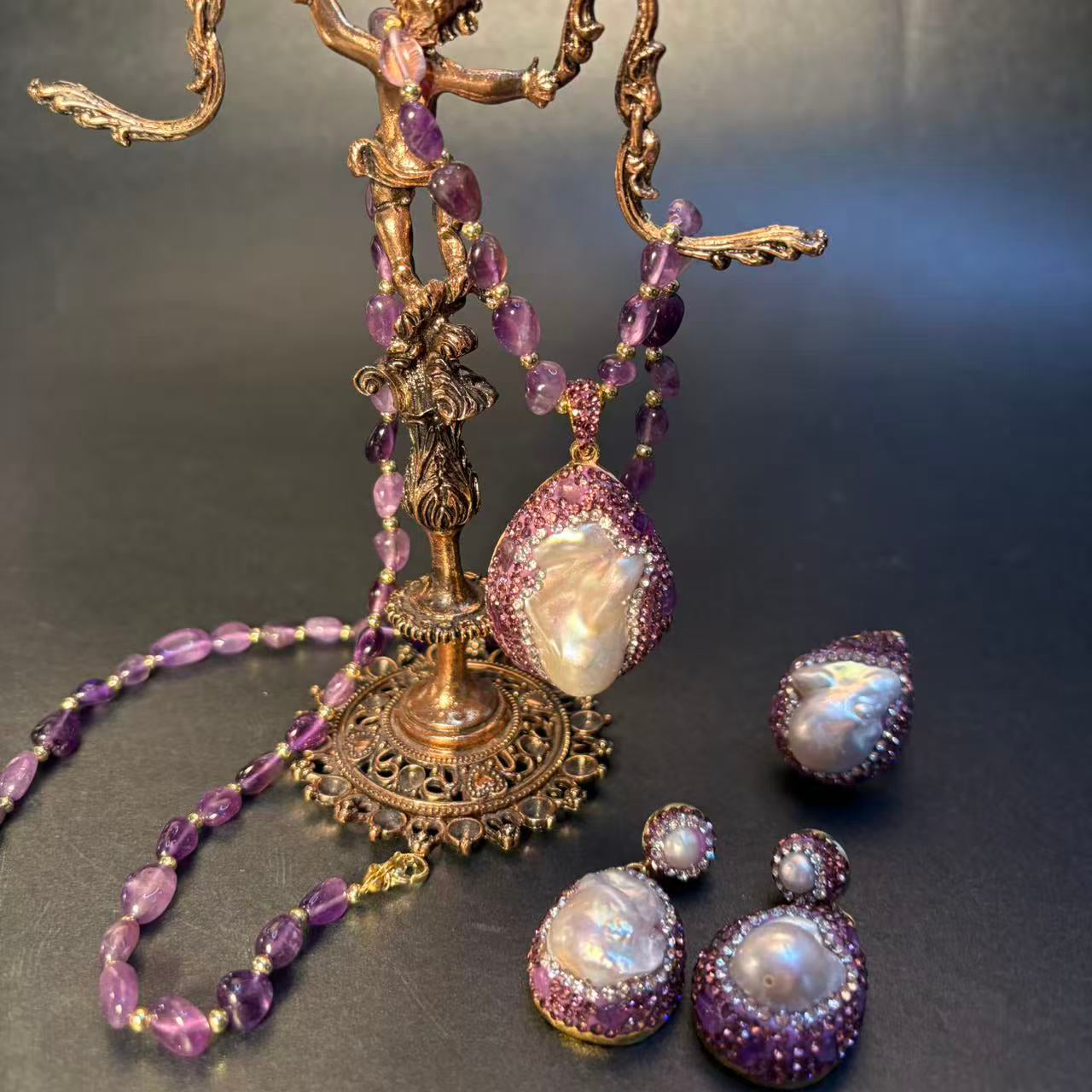 S1983S1 Amethyst pearl Necklace Earrings Ring Set